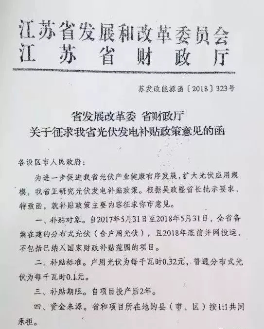 江蘇光伏補(bǔ)貼征求意見：戶用0.32元、普通分布式0.1元